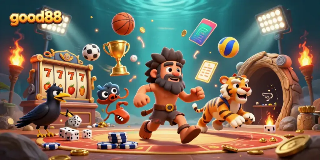 Experience the vibrant gameplay of good88 in a prehistoric casino atmosphere with a caveman duo.