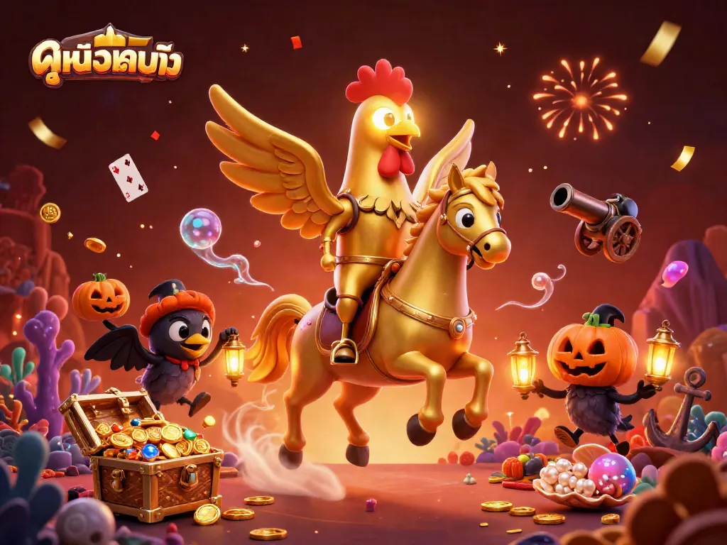 Engage with ดูหนังออนไลน์ in a vivid, dynamic casino scene filled with magical characters and gold.