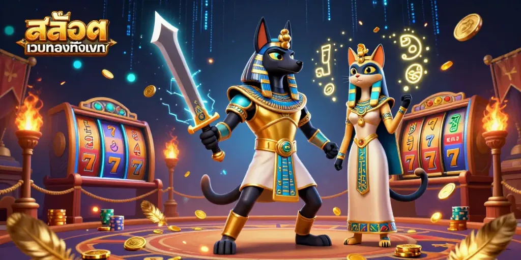 Engage with สล็อตเว็บตรงทั้งหมด through this captivating 3D illustration showcasing Anubis in a dynamic casino setting.