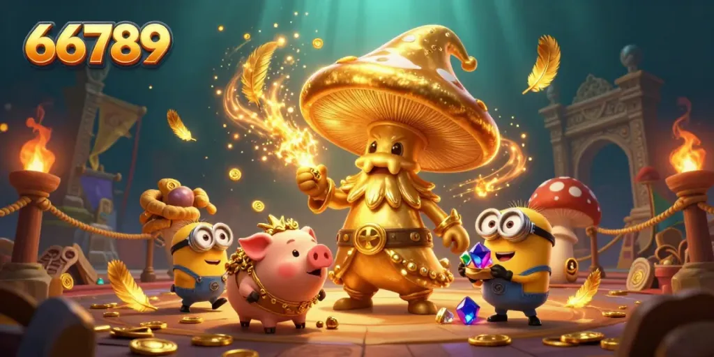 Experience thrilling gameplay at 66789, featuring a whimsical golden wizard with gem-collecting minions.