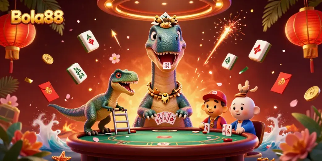 Bola88 shows a vibrant 3D casino scene with a dinosaur and raptor dealing cards, surrounded by festive casino elements.
