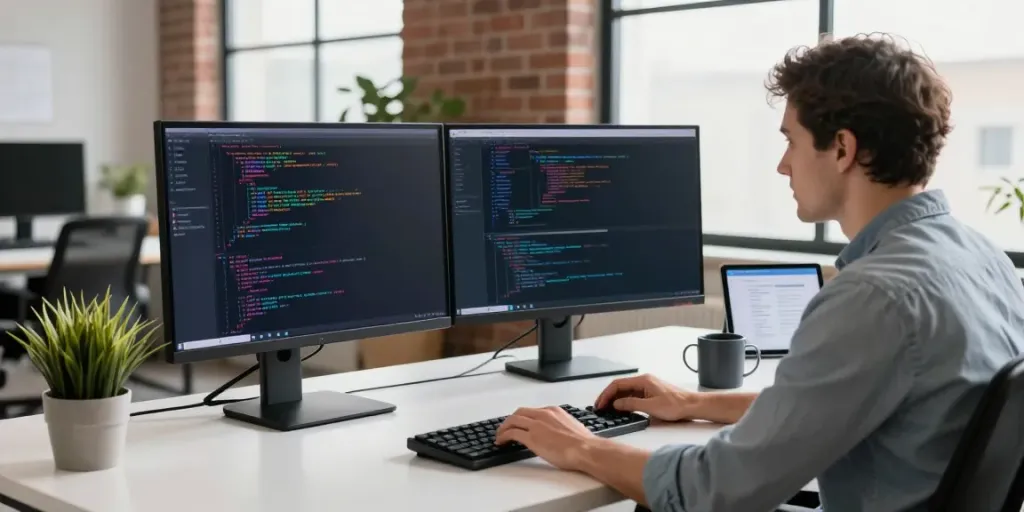 Developer focused on coding with dual monitors displaying APK-related code.