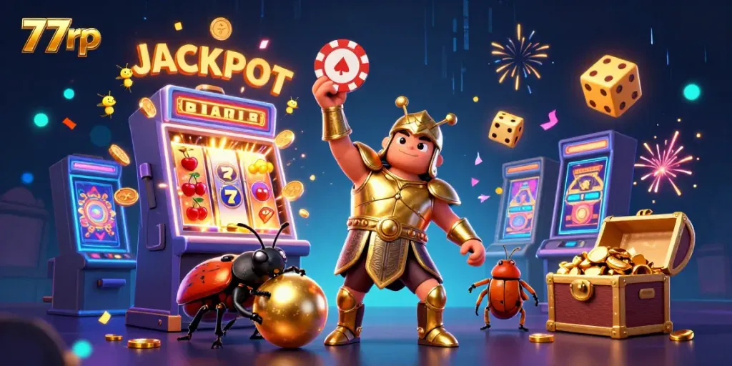 Experience jackpot excitement with 77rp as cartoon characters engage in a vibrant casino scene.