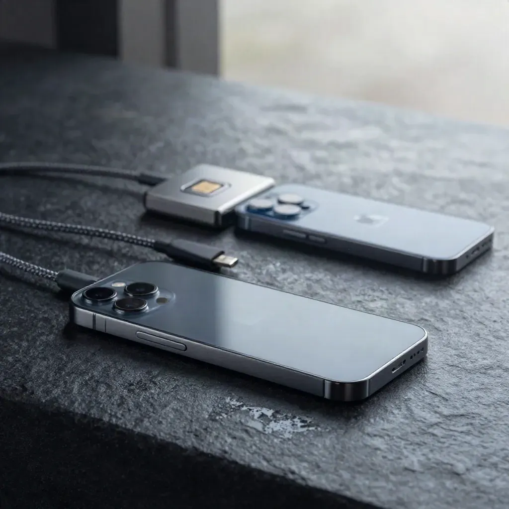 Three graphite phones and accessories on wet black stone with mist and blue rim light.
