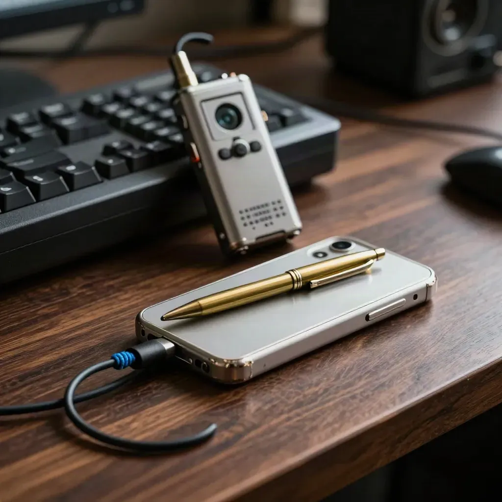 Worn test phone case, brass pen, and voice recorder on walnut surface with cable foreground.