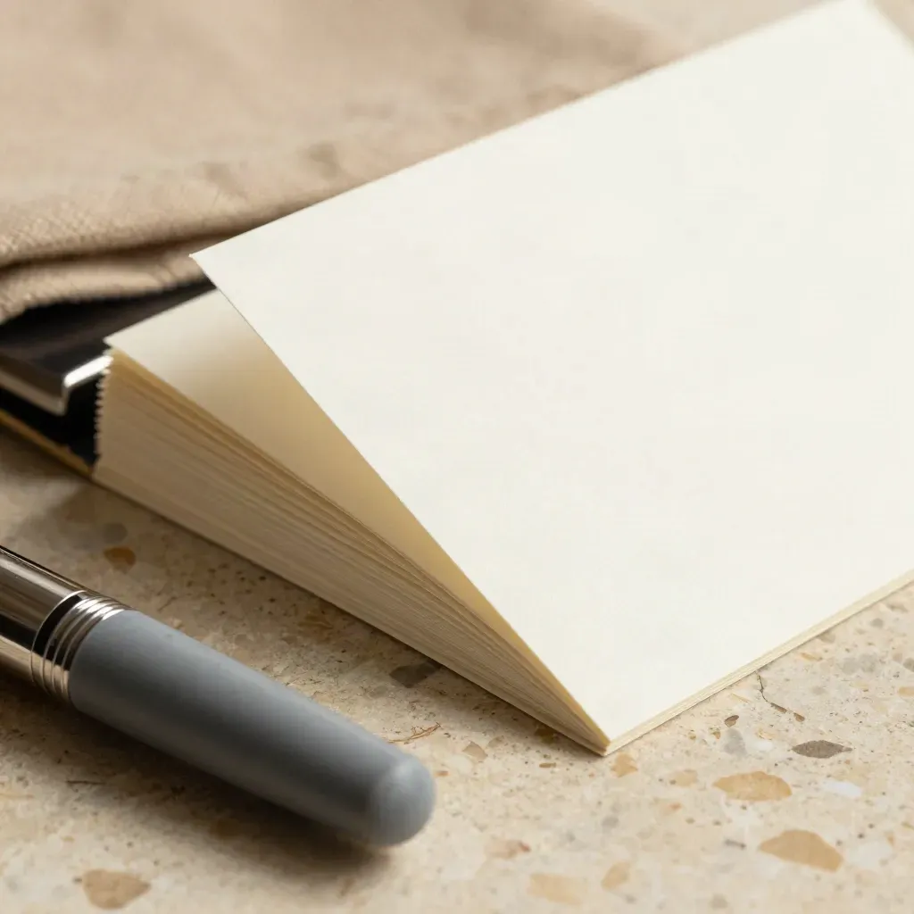 Macro of clipped blank cards, metal page clip, and fountain pen cap on travertine