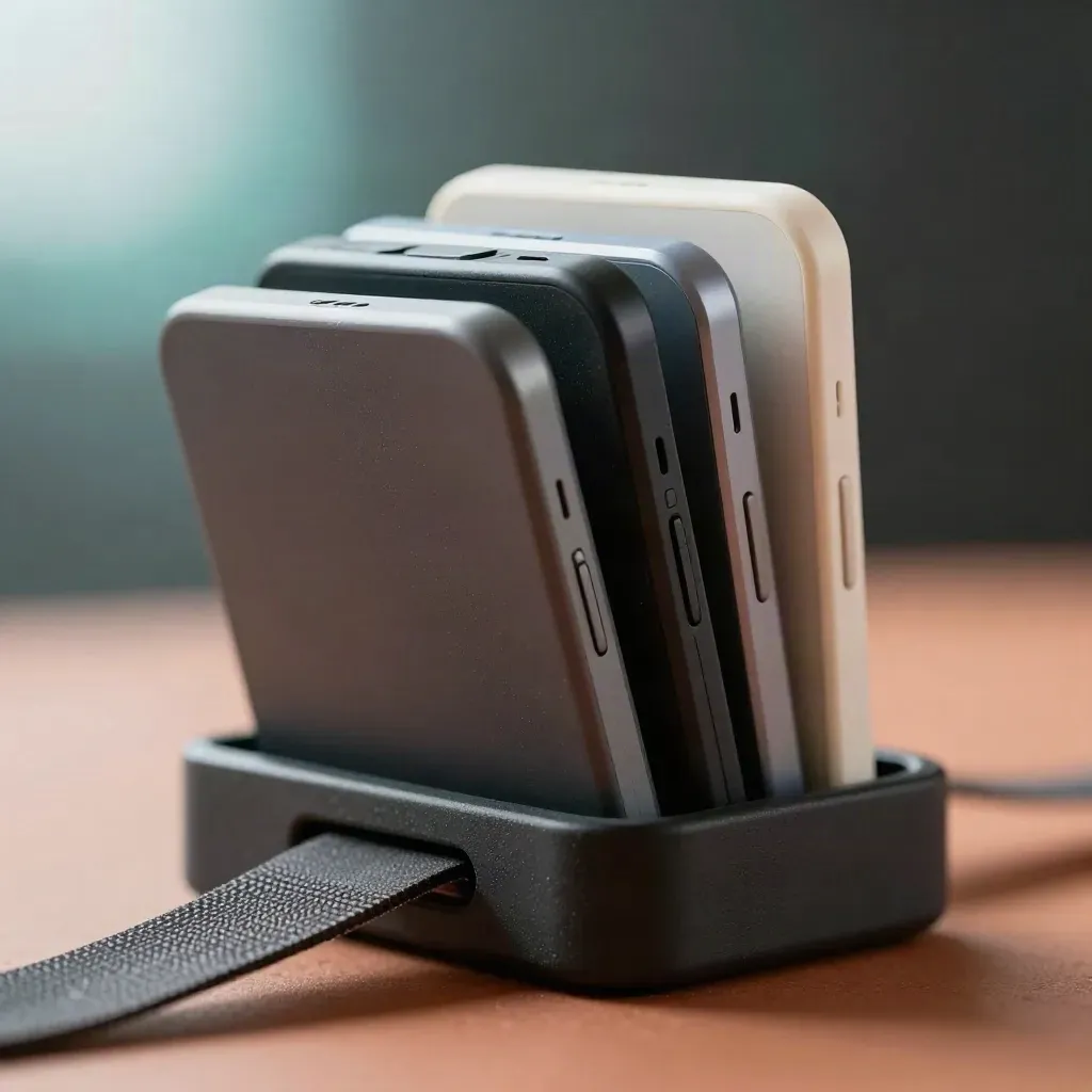 Three matte beta phones in a rubber cradle with a small turned-away tag, lit by soft rim light