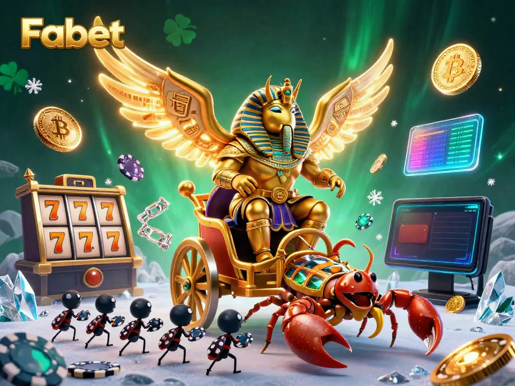 Experience the thrill of Fabet with a vibrant 3D casino illustration showcasing exciting slot games and crypto elements.