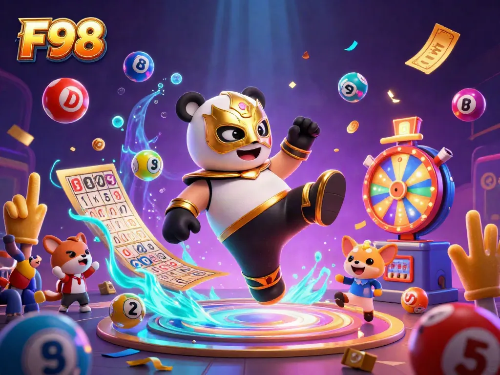 Experience thrilling action with F98, featuring a panda wrestler in a vibrant casino scene.