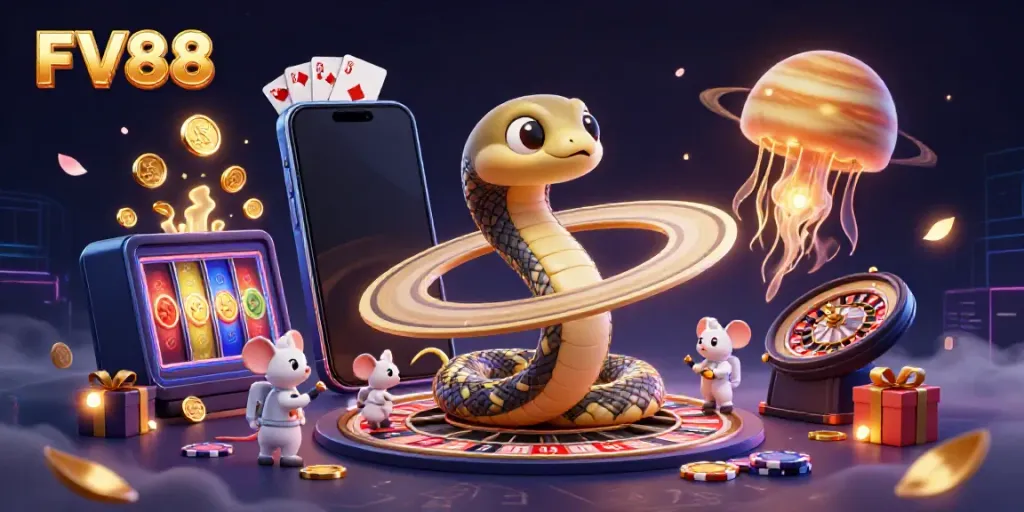 Bet on FV88 with vibrant 3D casino elements, including a roulette wheel and playful astronaut mice.