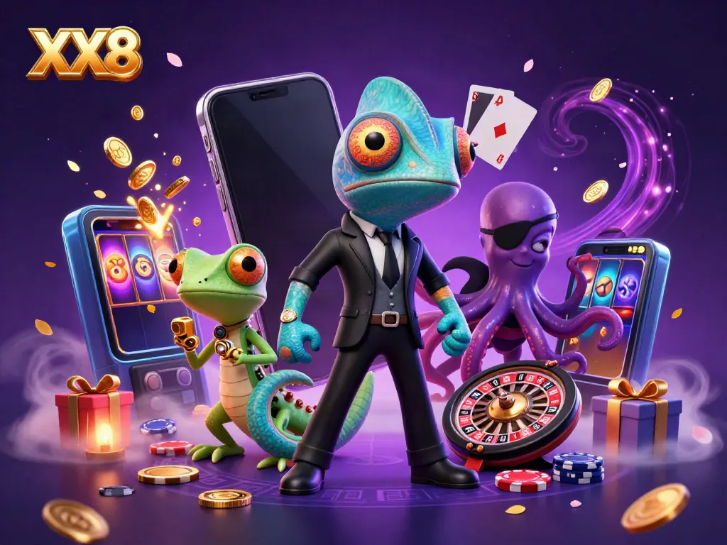 Engage with XX8's vibrant slot games amid dynamic characters and casino elements in this colorful illustration.