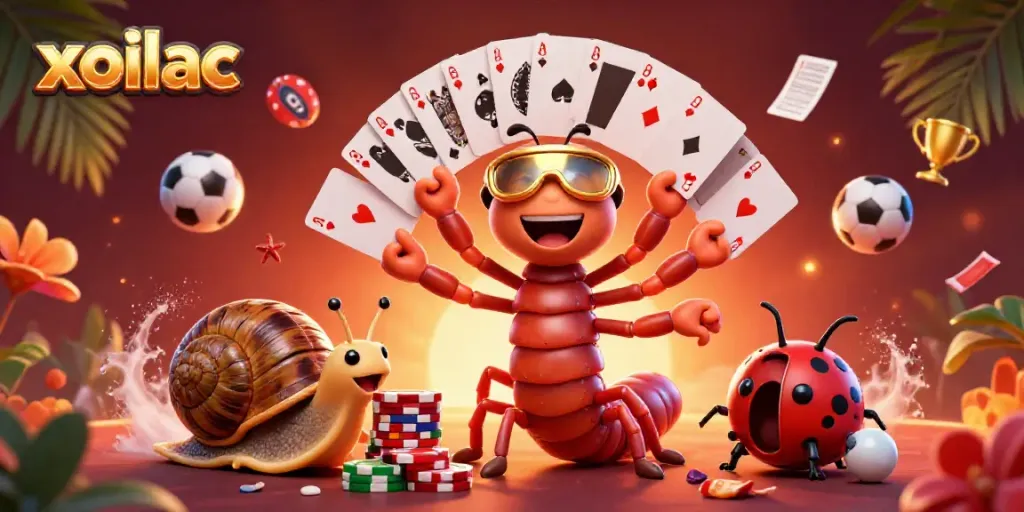 Xoilac highlights dynamic sports betting scene with a cartoon dealer and high-roller characters.