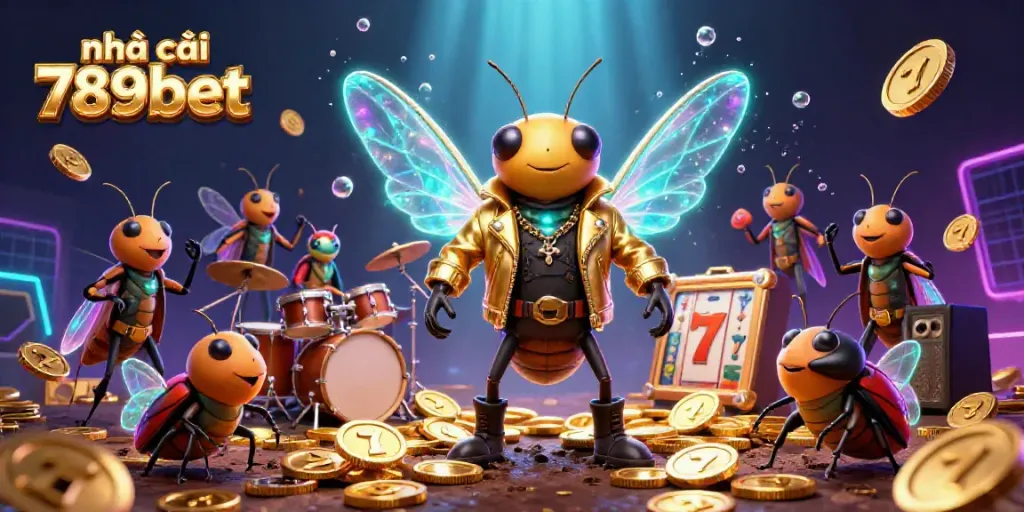 Experience the vibrant world of nhà cái 789bet with a dynamic 3D scene featuring a rock star cicada and colorful gambling motifs.