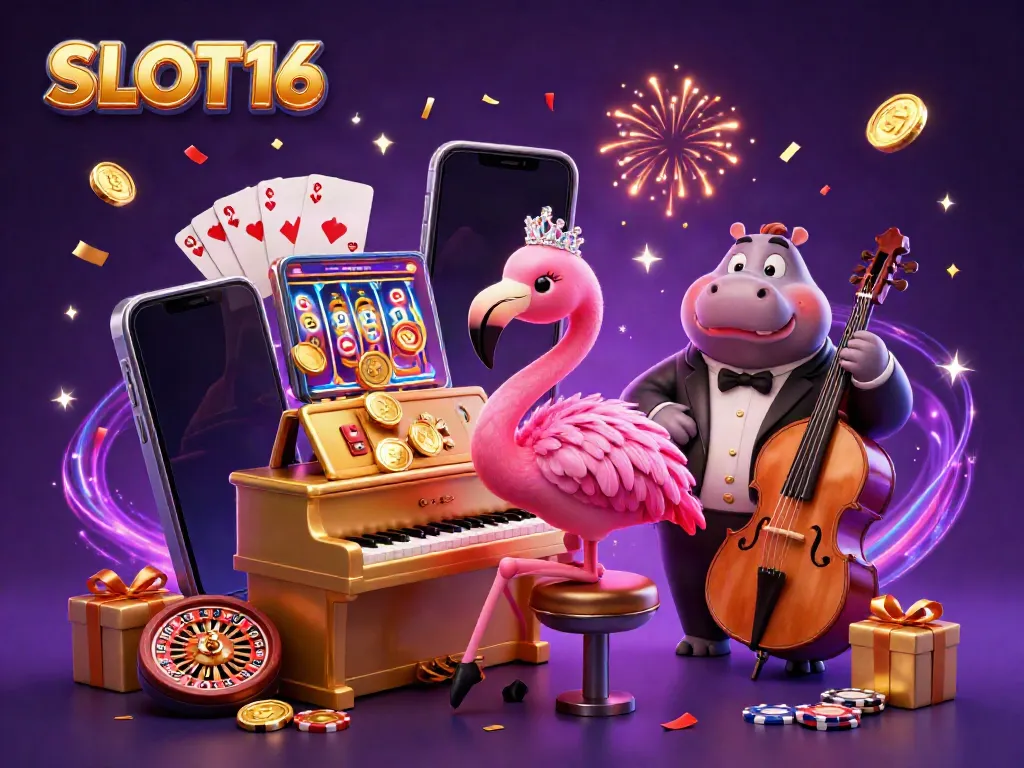 SLOT16 showcases an energetic scene with a flamingo singer and hippo bassist amidst slot games and vibrant casino elements.