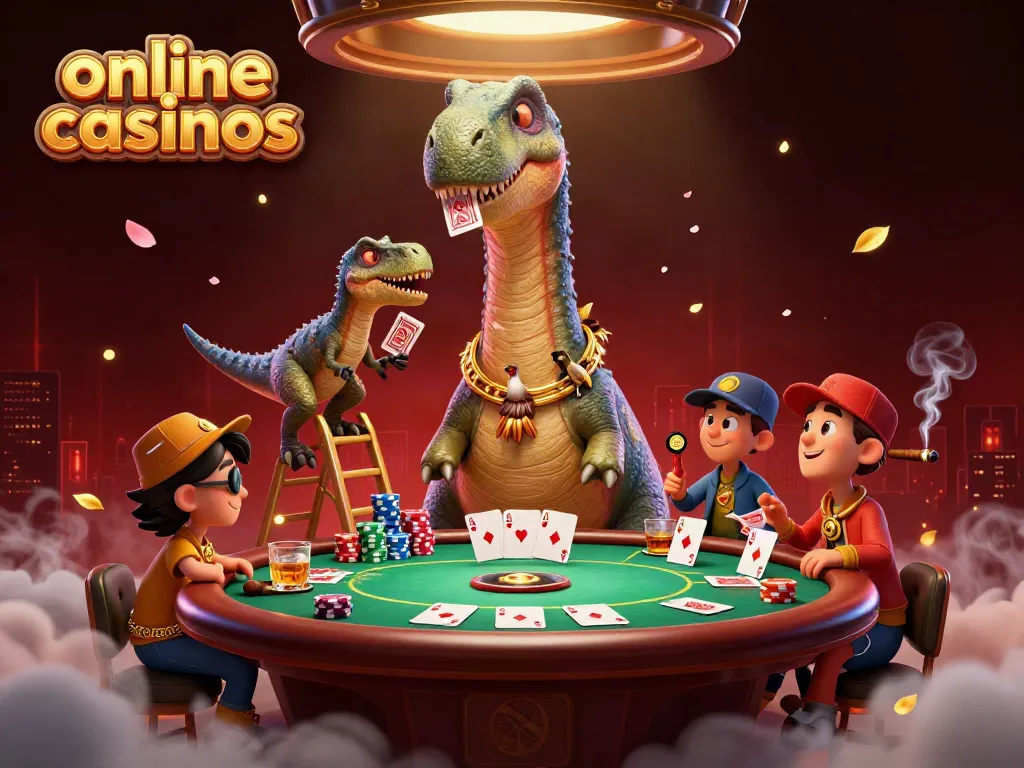 Engaging scene of online casinos featuring a gigantic brontosaurus overlooking a poker table with a clever raptor dealing cards.