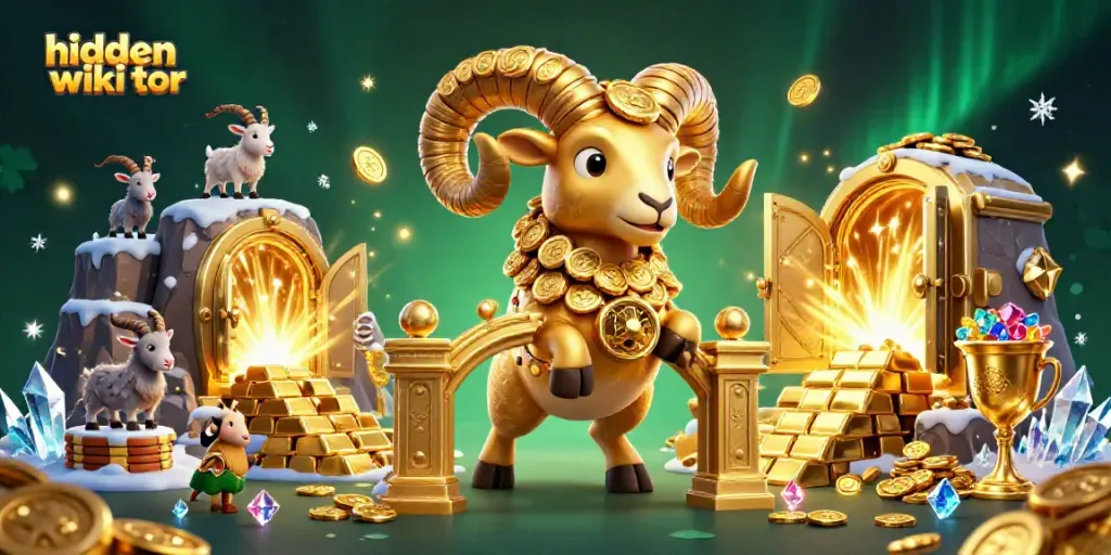 Experience the thrill of hidden wiki tor with a vibrant golden ram charging through a treasure vault.
