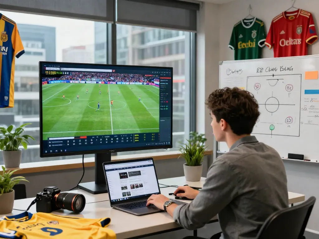 Football analysis studio showcasing live match data and transfer news updates, emphasizing ผลบอลสด for real-time insights.