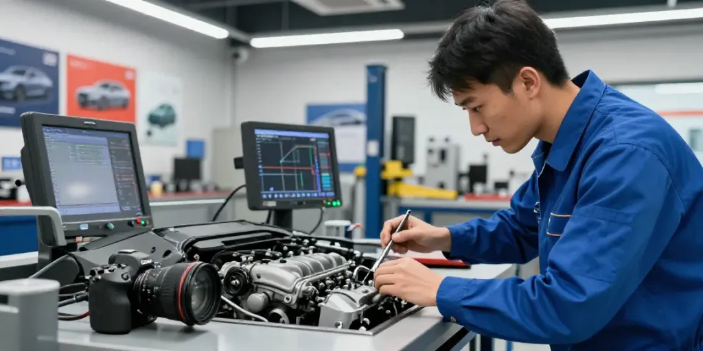Expert BMW werkstatt hannover technician diagnosing engine issues in a modern automotive workshop.