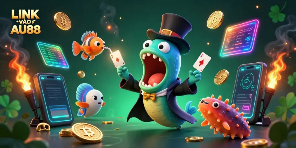 Engage in the enchanting world of LINK VÀO AU88 with a magical scene depicting an underwater casino where characters perform card tricks.
