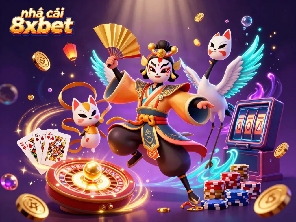 Join the adventure at nhà cái 8xbet with 3D cartoon characters surrounded by casino elements, including coins and poker chips.
