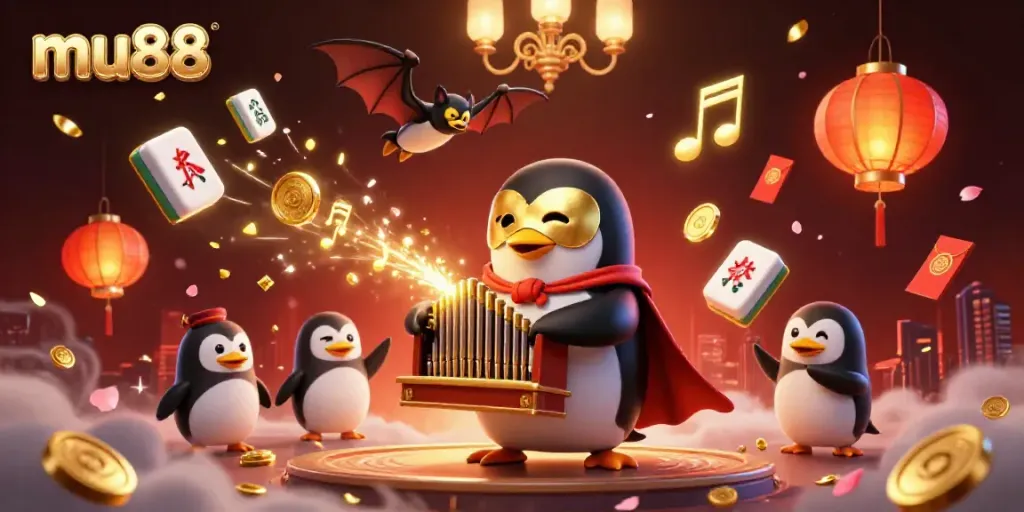 Engage with mu88's vibrant gaming atmosphere through a themed 3D illustration featuring a penguin, gold coins, and dynamic casino elements.
