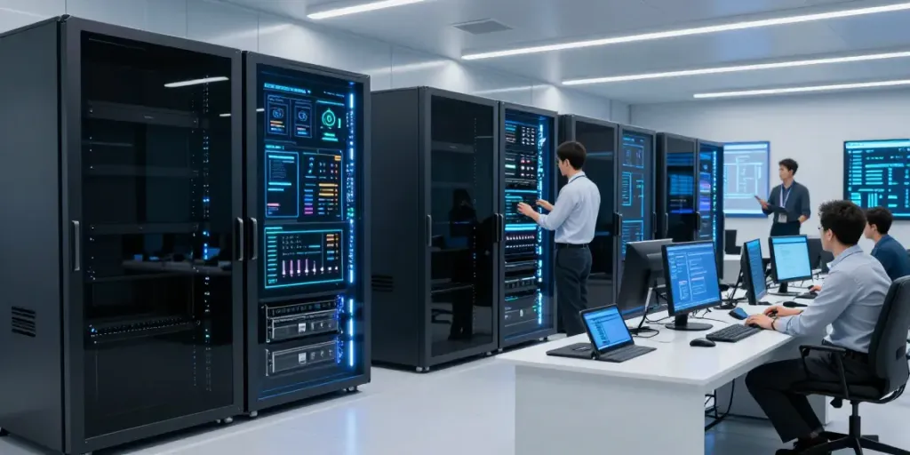 Engineers collaborating in a modern AI data center with GPU servers and metric displays.
