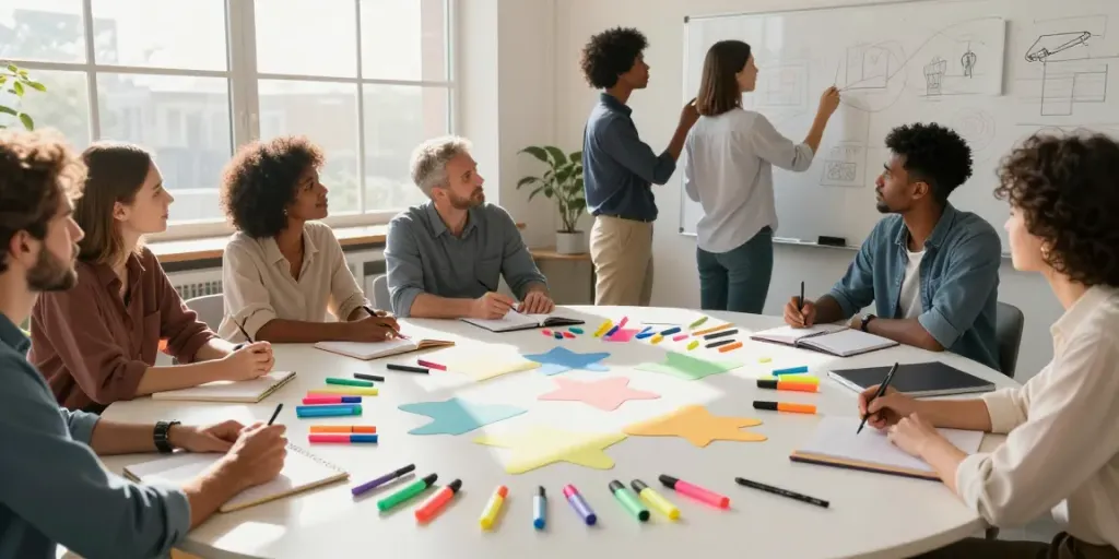 Highlighter manufacturer team brainstorming with colorful highlighters in a bright office space.
