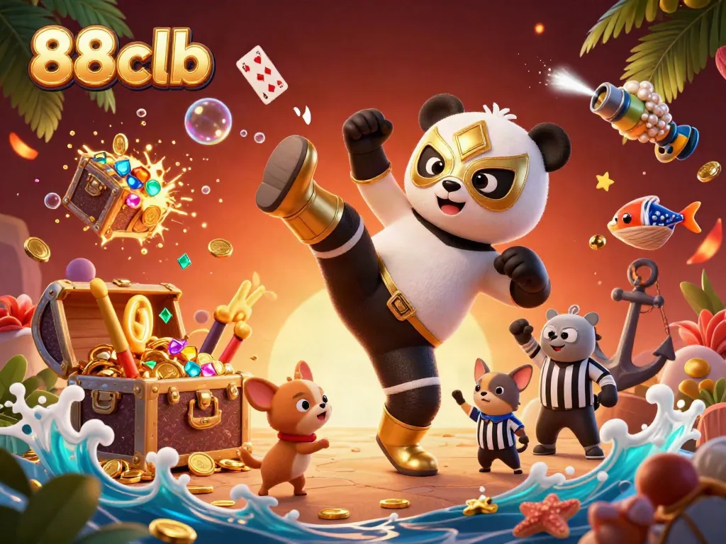 Engage with 88clb's exciting 3D scene featuring a panda wrestler and colorful casino elements, showcasing vibrant gambling action.