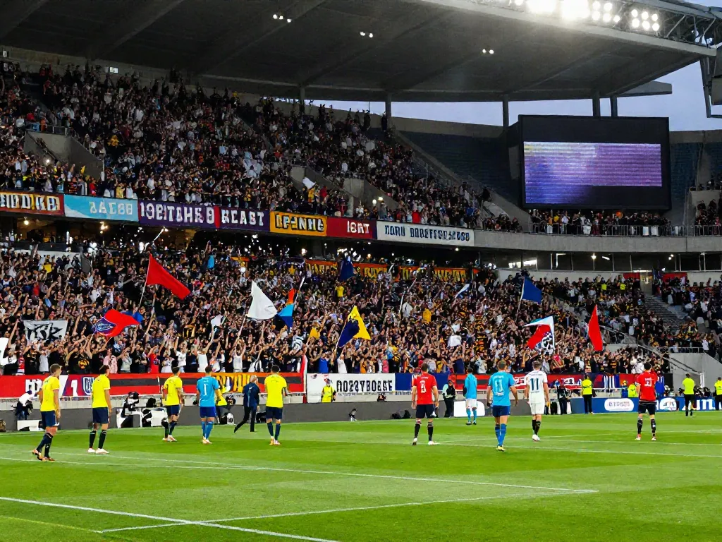 Exciting scene of passionate fans in a football stadium cheering during a match, showcasing the essence of TOP10สนาม.