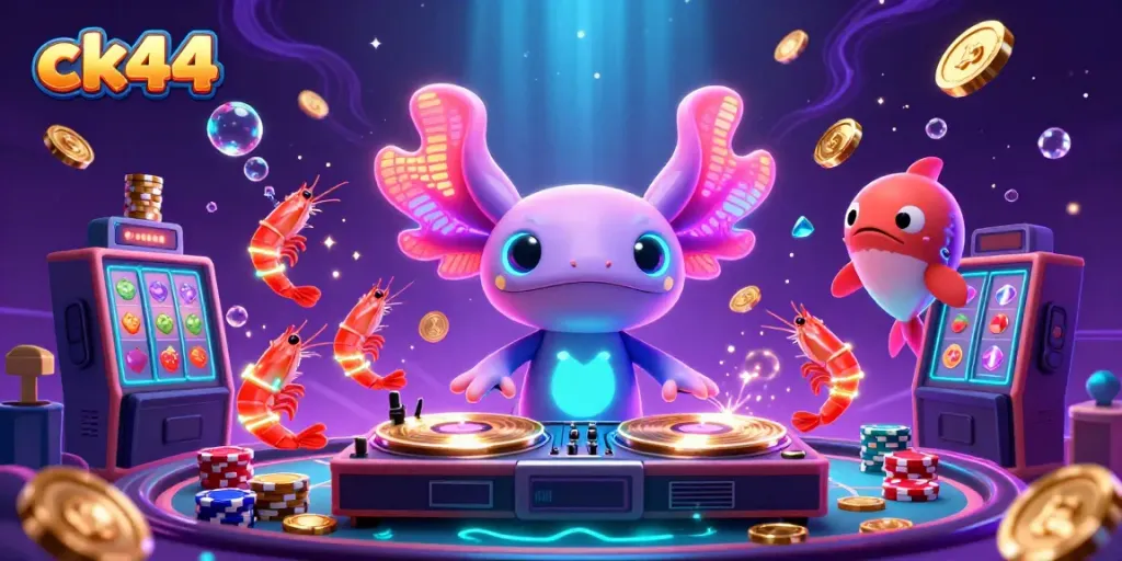 Spin and win big with ck44 at a vibrant underwater casino party featuring neon characters.