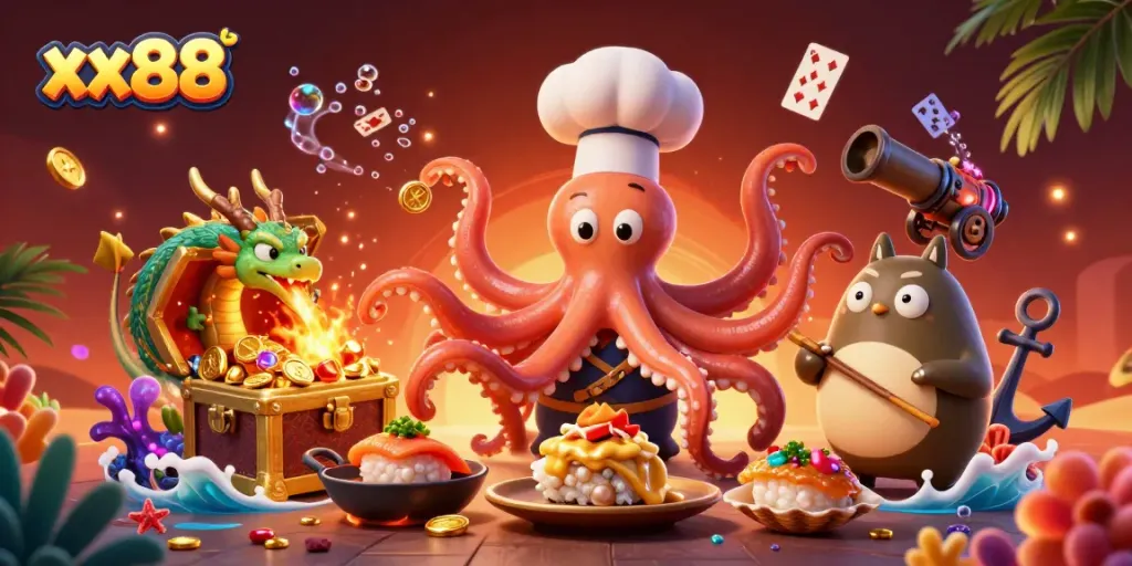 Experience thrilling gameplay at xx88 with a vibrant, animated scene featuring a sushi chef octopus and friends.