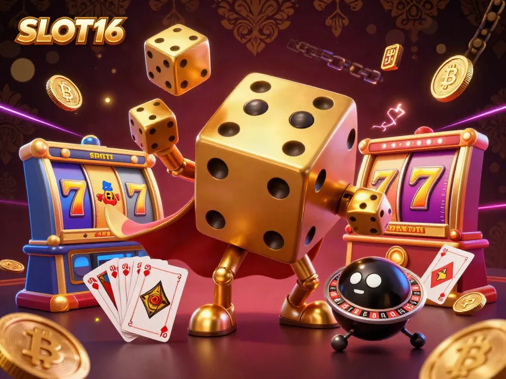 Engaging SLOT16 3D illustration featuring a dice golem and slot reels with dynamic casino elements.