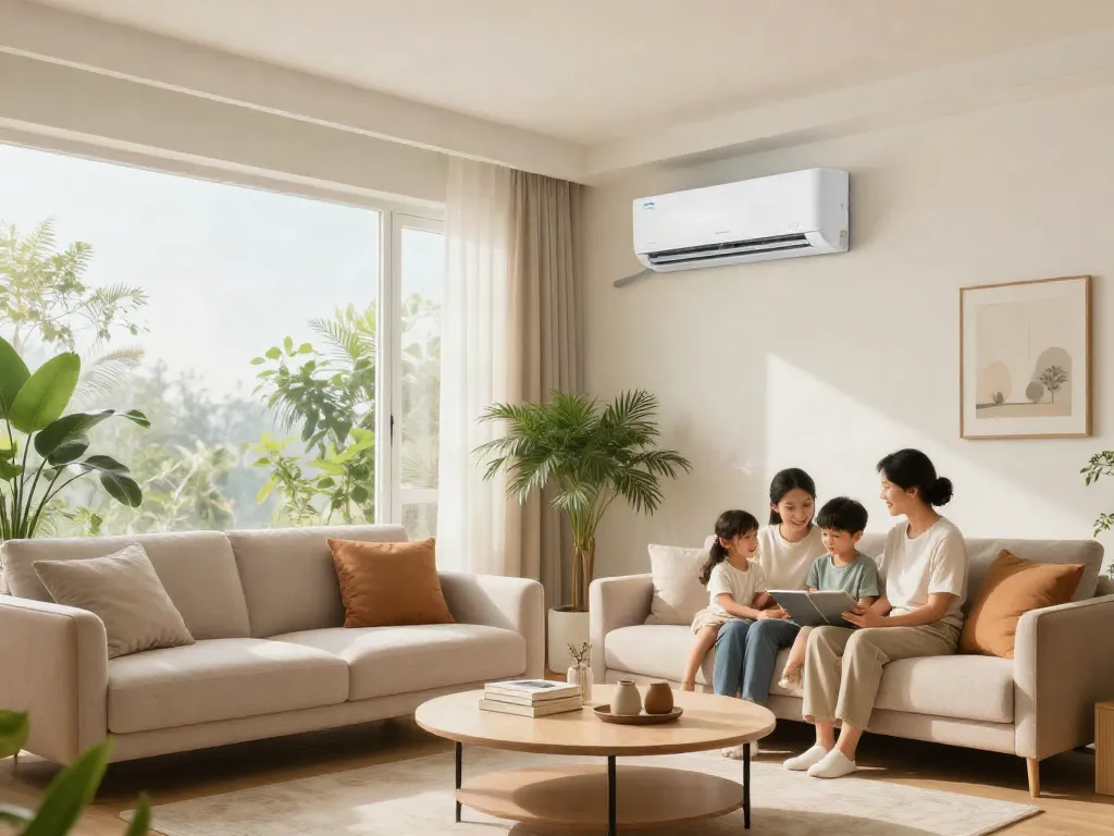 Family enjoying the comfort of a stylish home with a mini split AC unit.