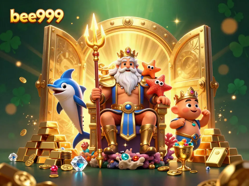 Experience the magic of bee999 with sea king Neptune in a treasure-filled casino scene.