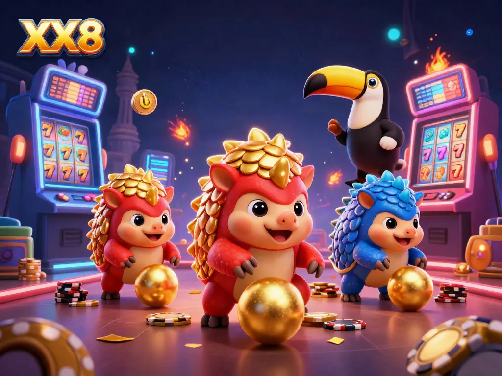 Engaging 3D scene of pangolins competing with golden casino items, highlighting XX8.