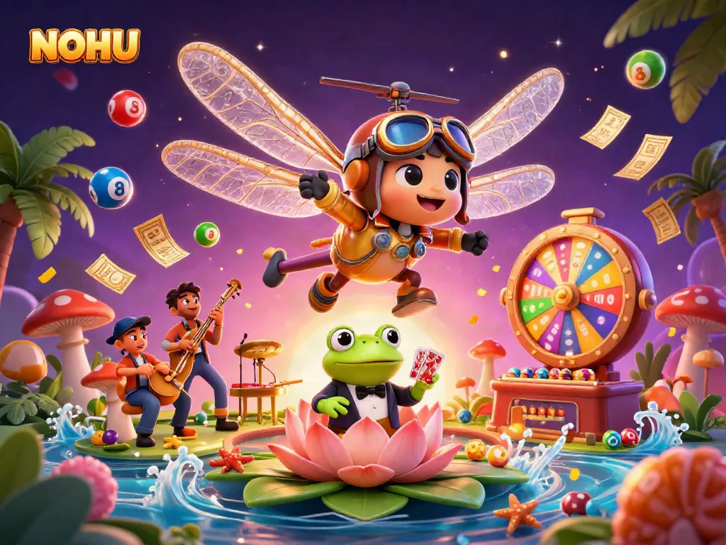 Experience thrilling gaming at NOHU with interactive casino elements in a vibrant 3D scene.
