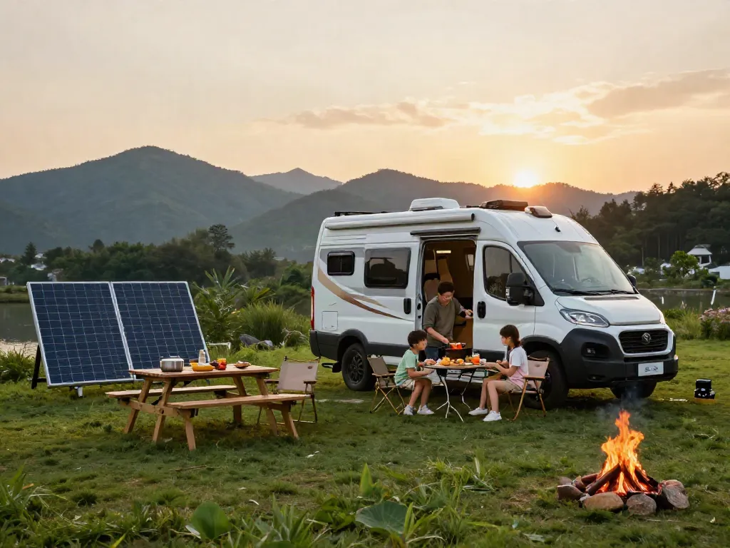 Family enjoying outdoor cooking with lithium batteries for RV at a beautiful campsite.