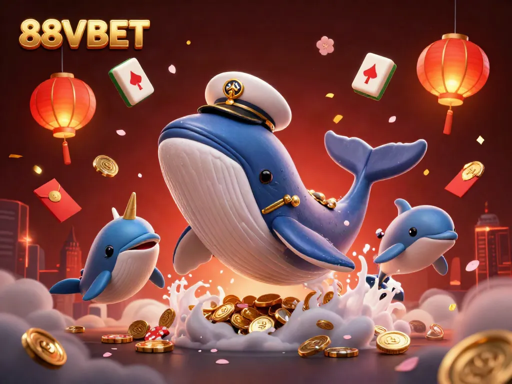 Experience thrill at 88VBET with a captivating illustration of a whale breaching through coins.