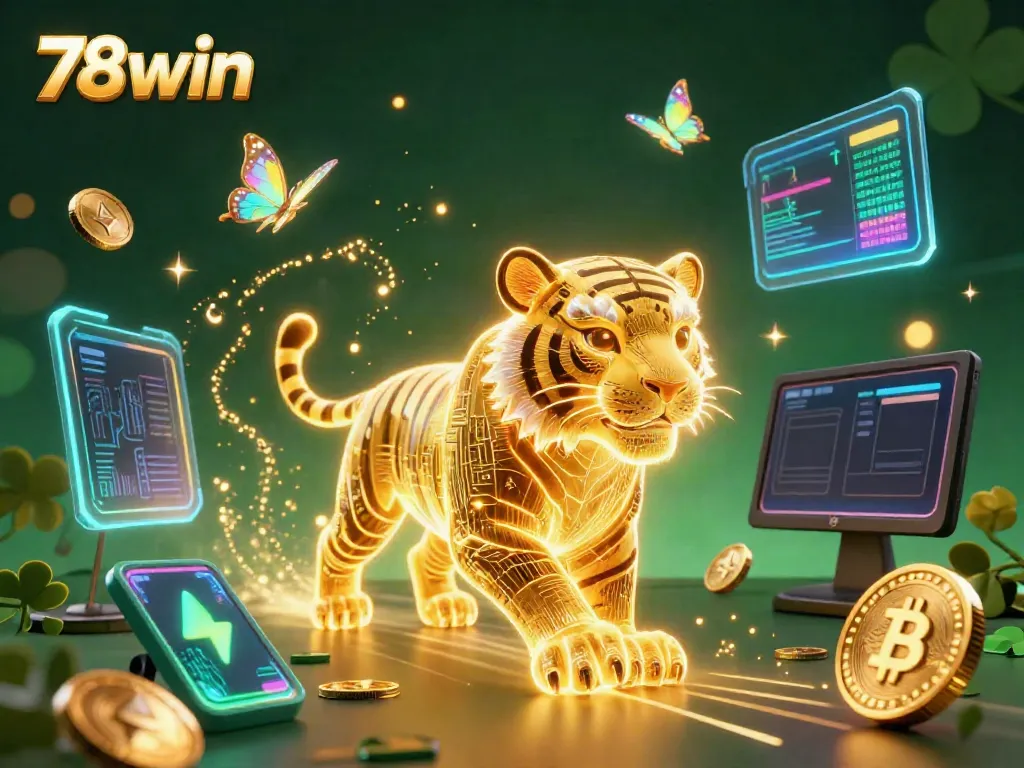 Watch the golden tiger roam the vibrant 78win casino filled with cryptocurrency elements and dynamic action.