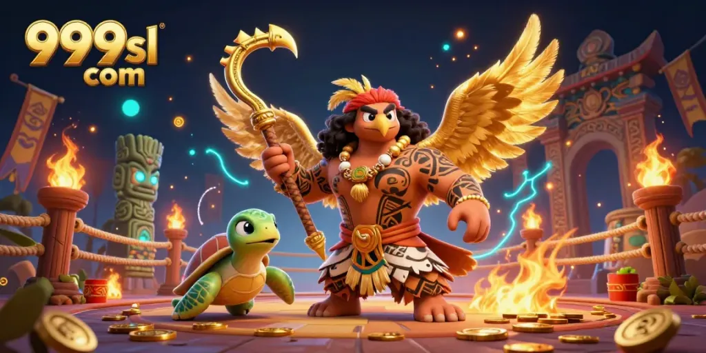 Engaging players with 999sl com in a vibrant online casino scene featuring unique characters, gold coins, and dynamic elements.