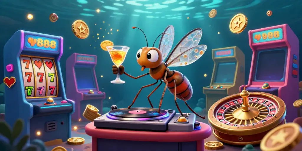Experience u888's vibrant casino scene with an animated mosquito mascot and classic slot elements.