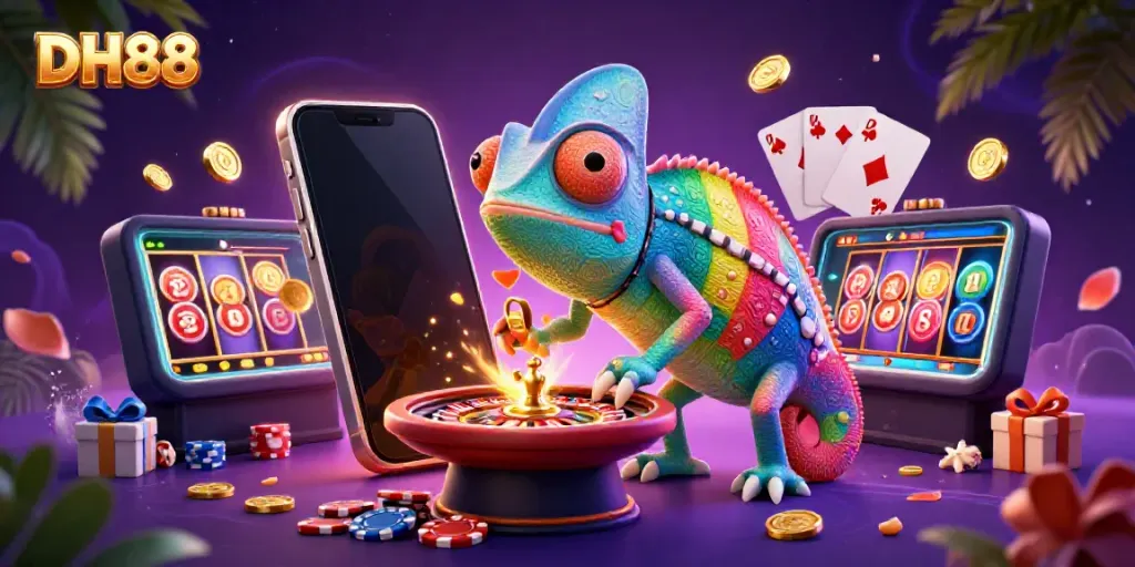 Experience thrilling gaming action with DH88, featuring a colorful chameleon casino owner and vibrant poker elements.