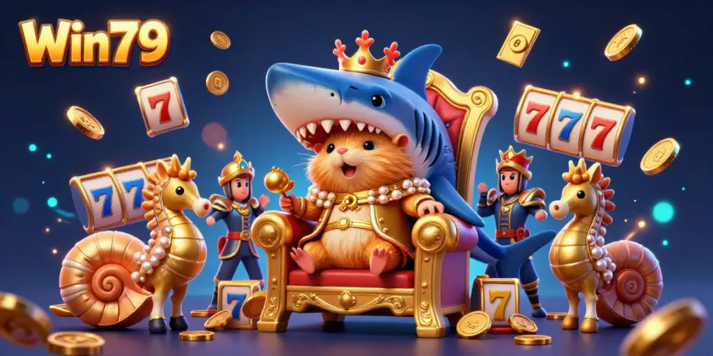 Win79 captivates players with colorful slot reels and enchanting jackpots in a vibrant illustration.