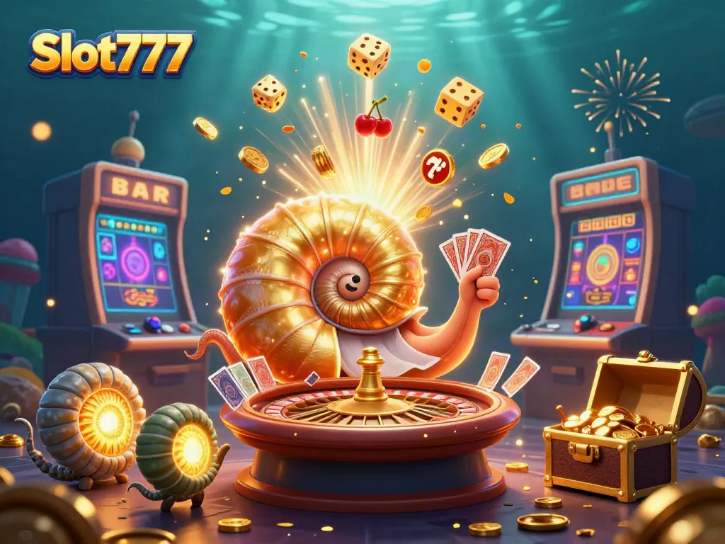 Experience thrilling wins with Slot777 in a magical casino setting filled with vibrant symbols and characters.