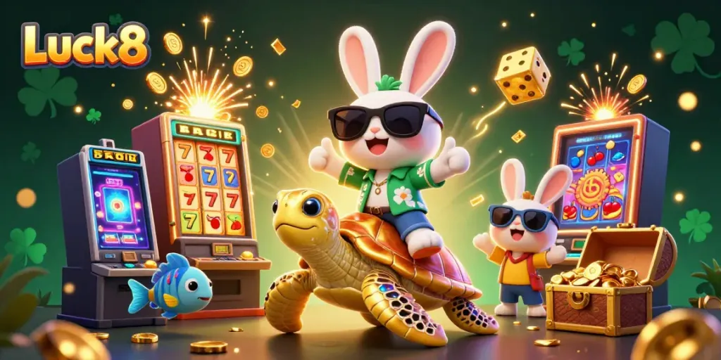 Experience Luck8 excitement with a lucky rabbit and golden sea turtle amidst vibrant casino elements.