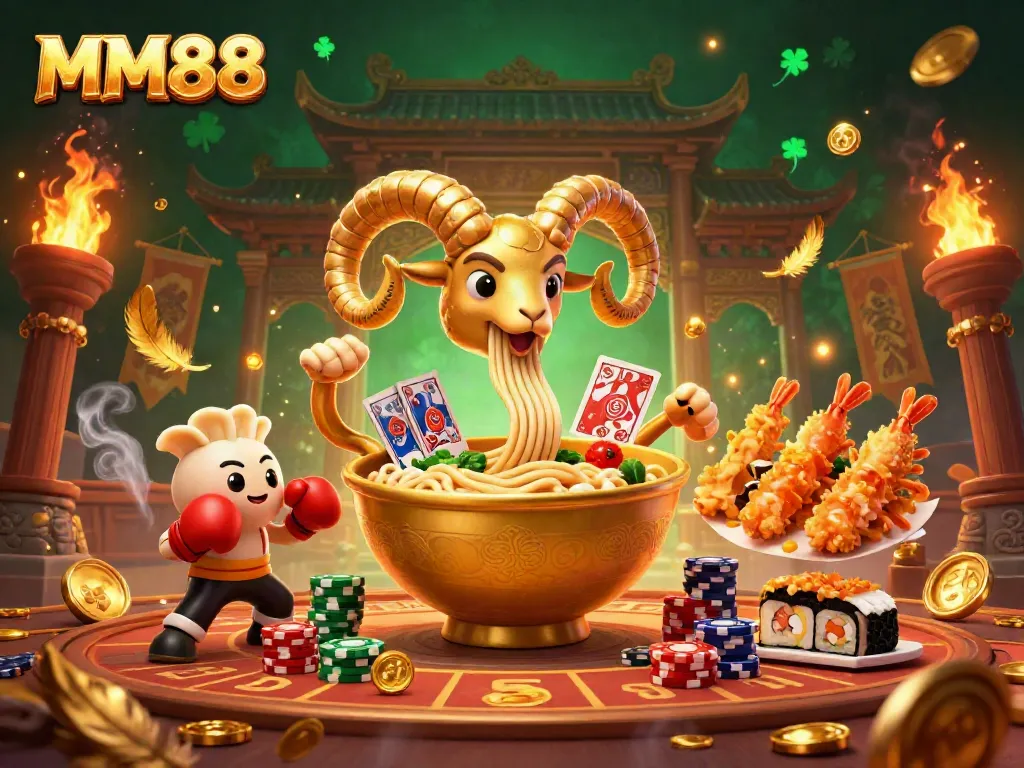 Engage with MM88 in a lively casino scene featuring a golden ramen bowl dealer, vibrant energy, and festive gambling elements.