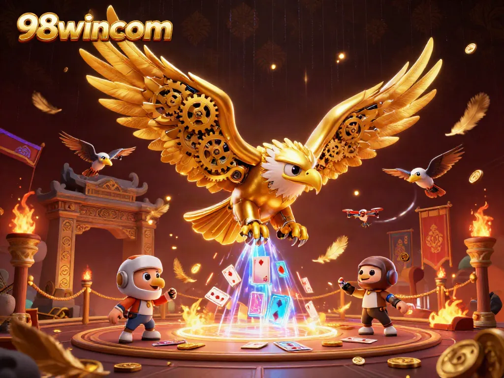 Experience thrilling gameplay at 98wincom with a cybernetic golden eagle amidst vibrant casino elements.