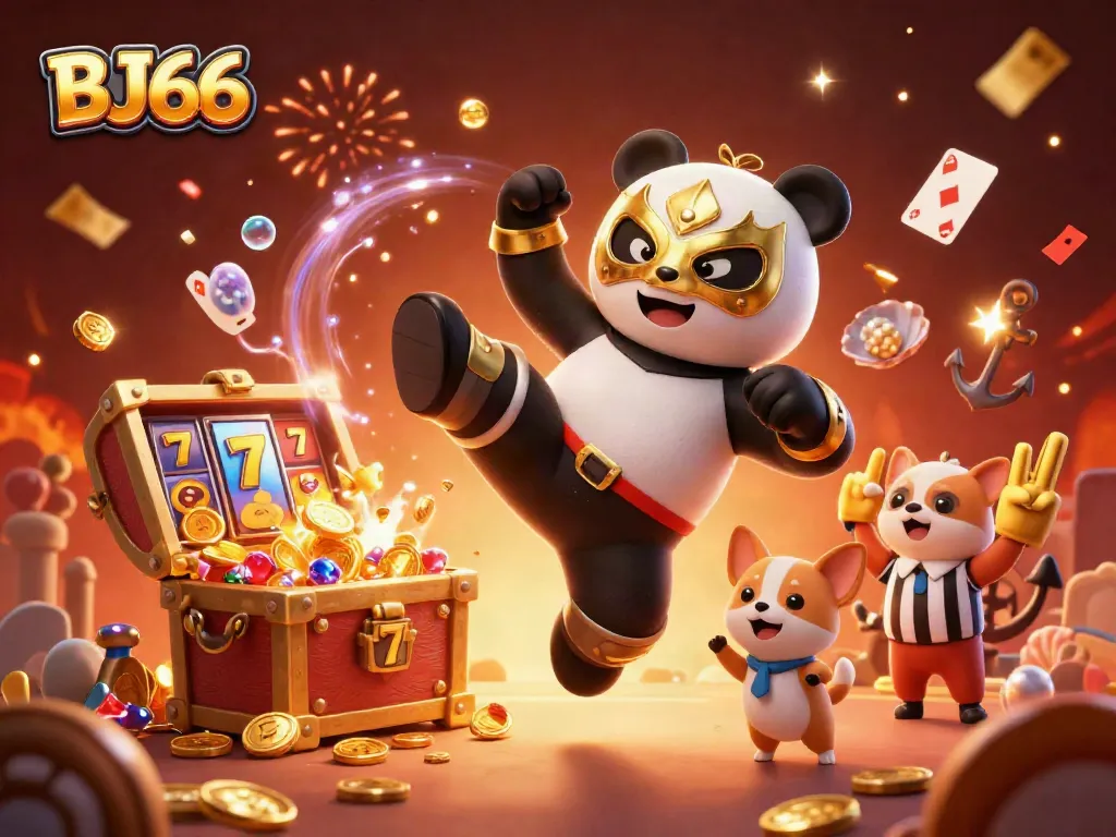Experience the excitement of BJ66's vibrant casino scene with a dynamic wrestling panda and enthusiastic animal spectators.