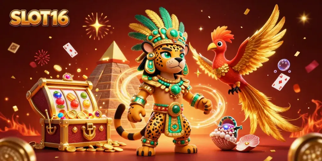 SLOT16 showcases a vibrant Mayan jaguar priest engaged with floating slot machine reels, radiating energy and winning potential.