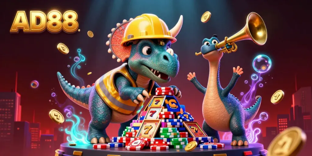 Engage with AD88's thrilling mega jackpot experience featuring cartoon characters amidst vibrant casino elements.